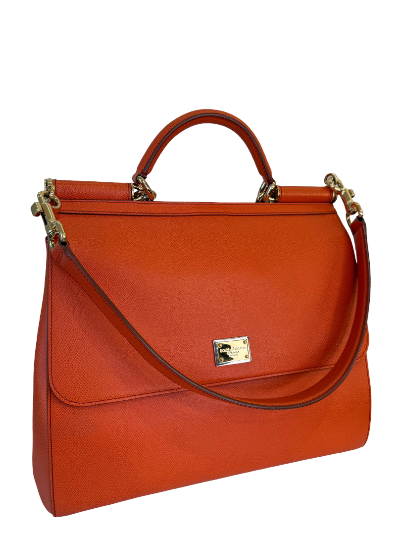 Dolce Gabbana Large Sicily Orange Dauphine Calfskin Top Handle Bag