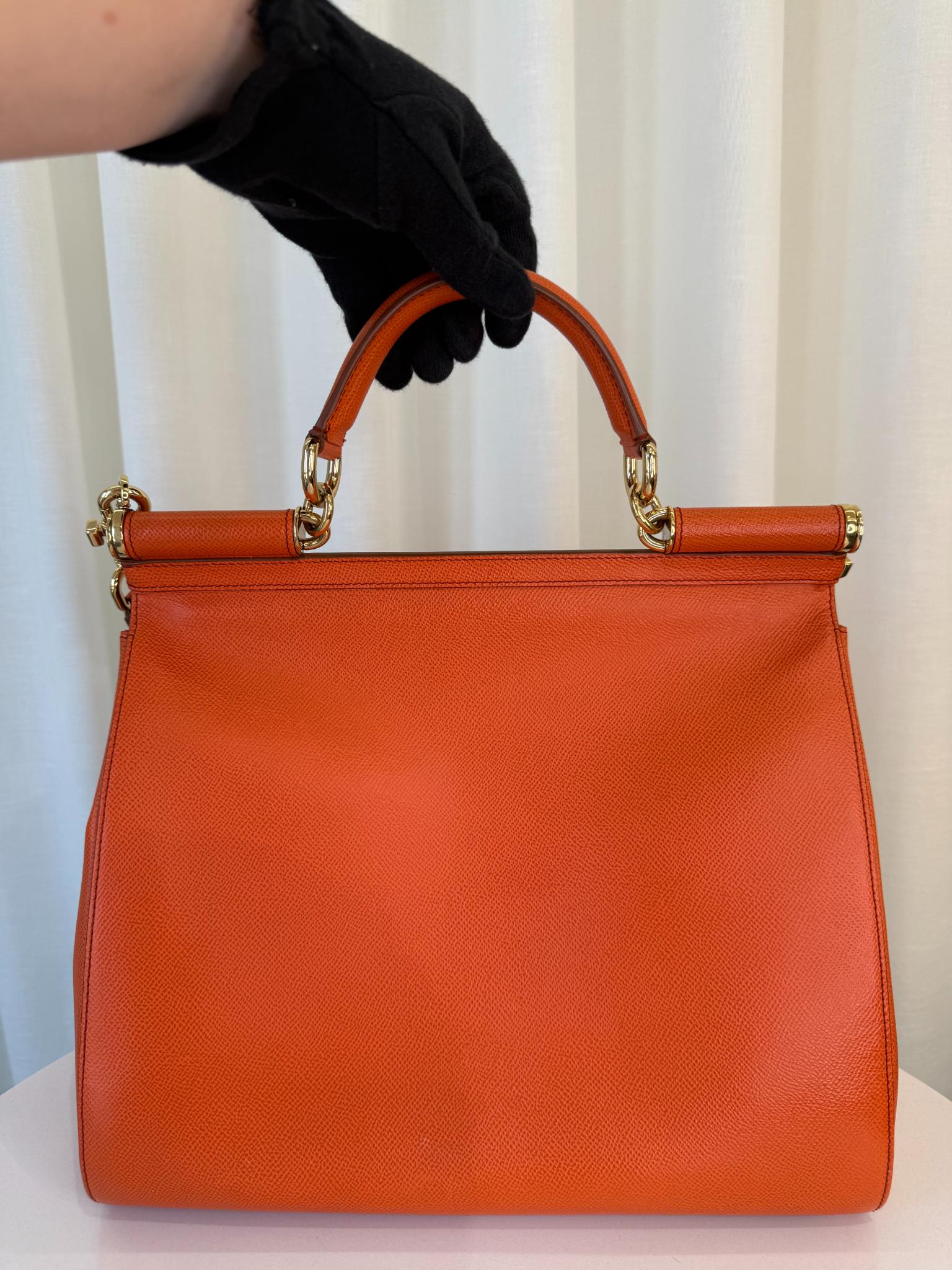 Dolce Gabbana Large Sicily Orange Dauphine Calfskin Top Handle Bag