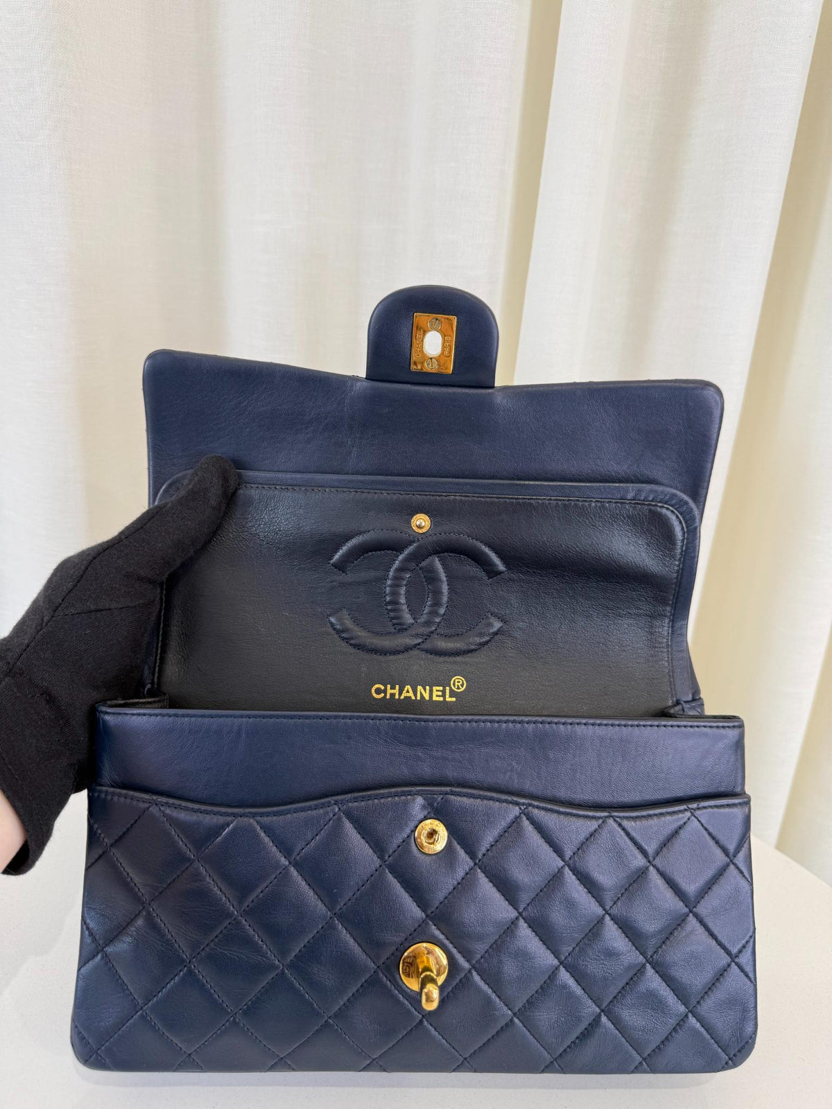 Chanel Vintage Classic Medium Navy Blue Lambskin Double Flap Bag