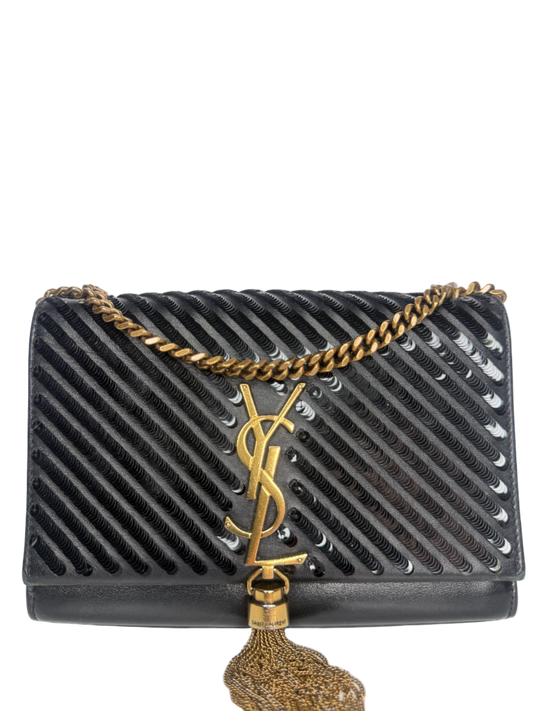Saint Laurent Medium Kate Diagonal Sequin Tassel Black Bag
