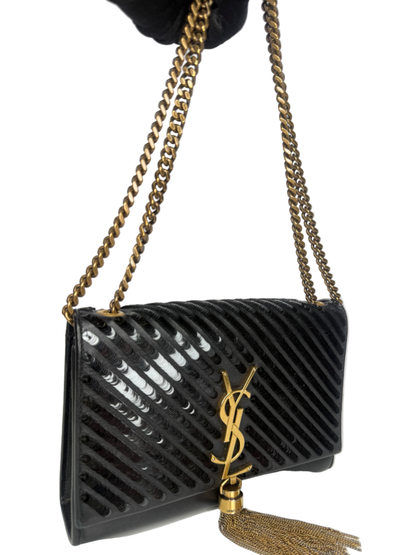 Saint Laurent Medium Kate Diagonal Sequin Tassel Black Bag