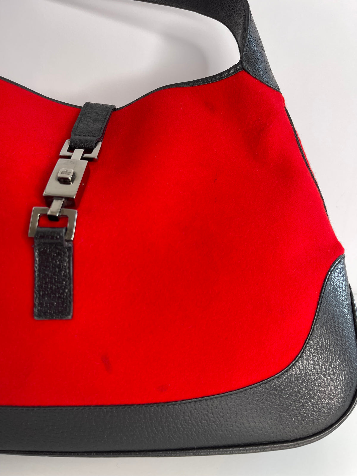Gucci Red Wool Black Leather Jackie Hobo Bag