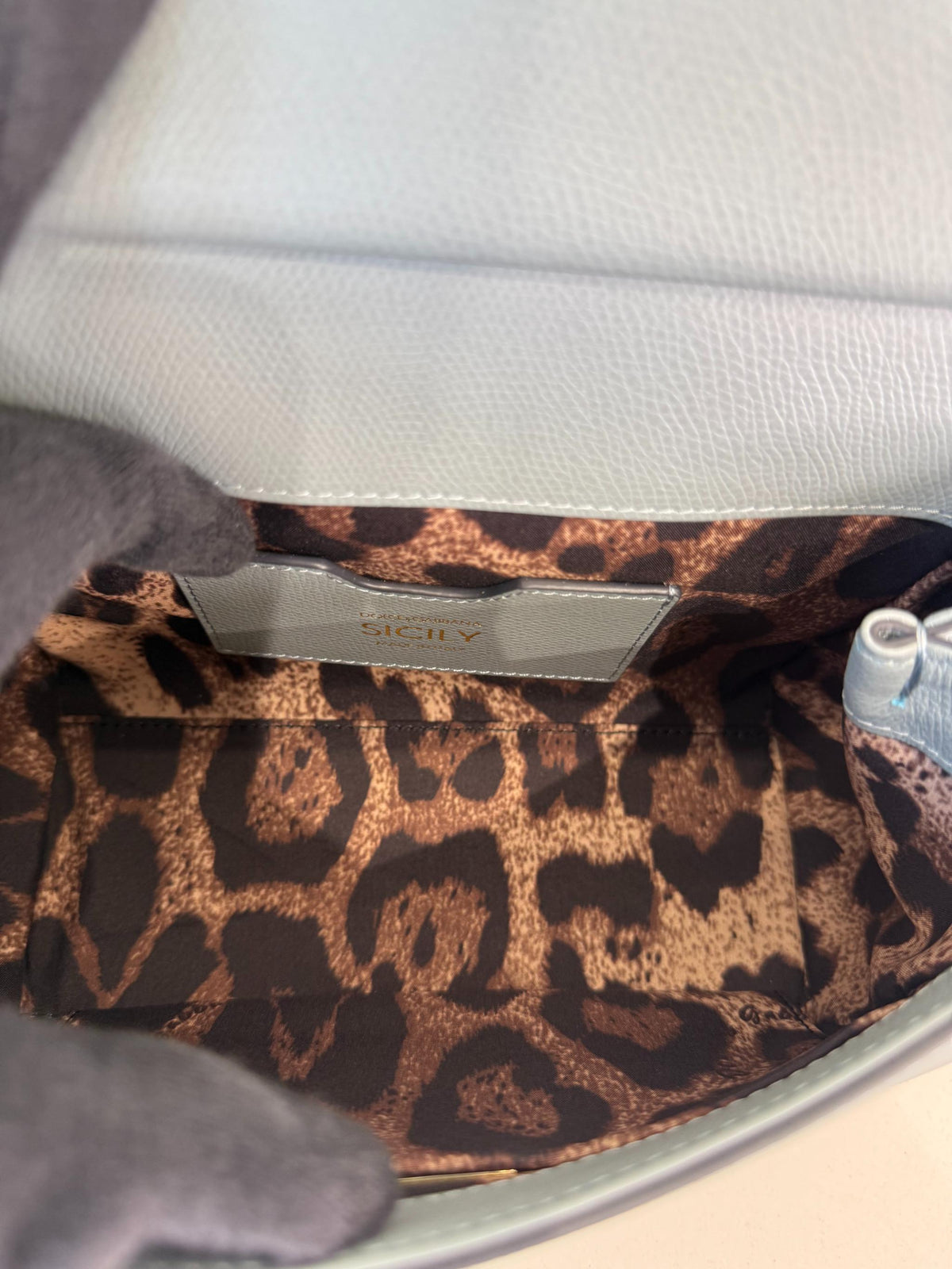 Dolce Gabbana Small Sicily Blue Dauphine Leather Top Handle Bag