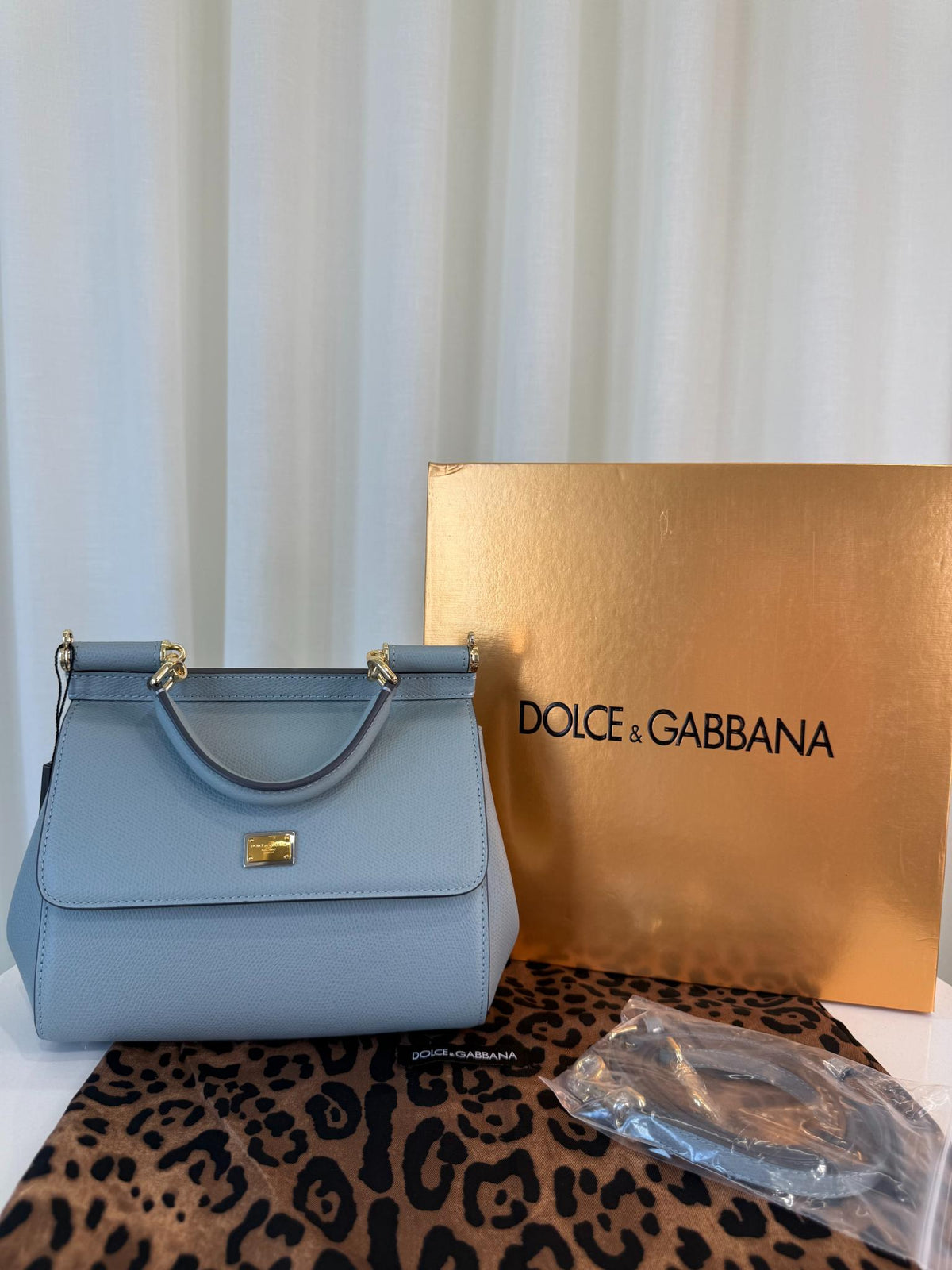 Dolce Gabbana Small Sicily Blue Dauphine Leather Top Handle Bag