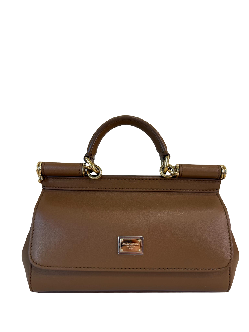 Dolce Gabbana Mini Sicily Brown Calfskin Leather Top Handle Bag
