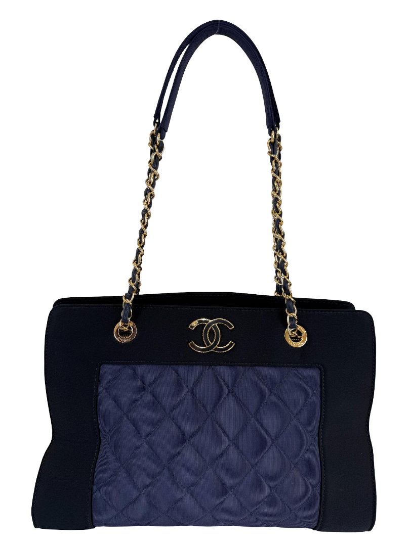 Chanel Canvas/Satin Quilted Leather Mademoiselle Vintage Shopping Tote Bag