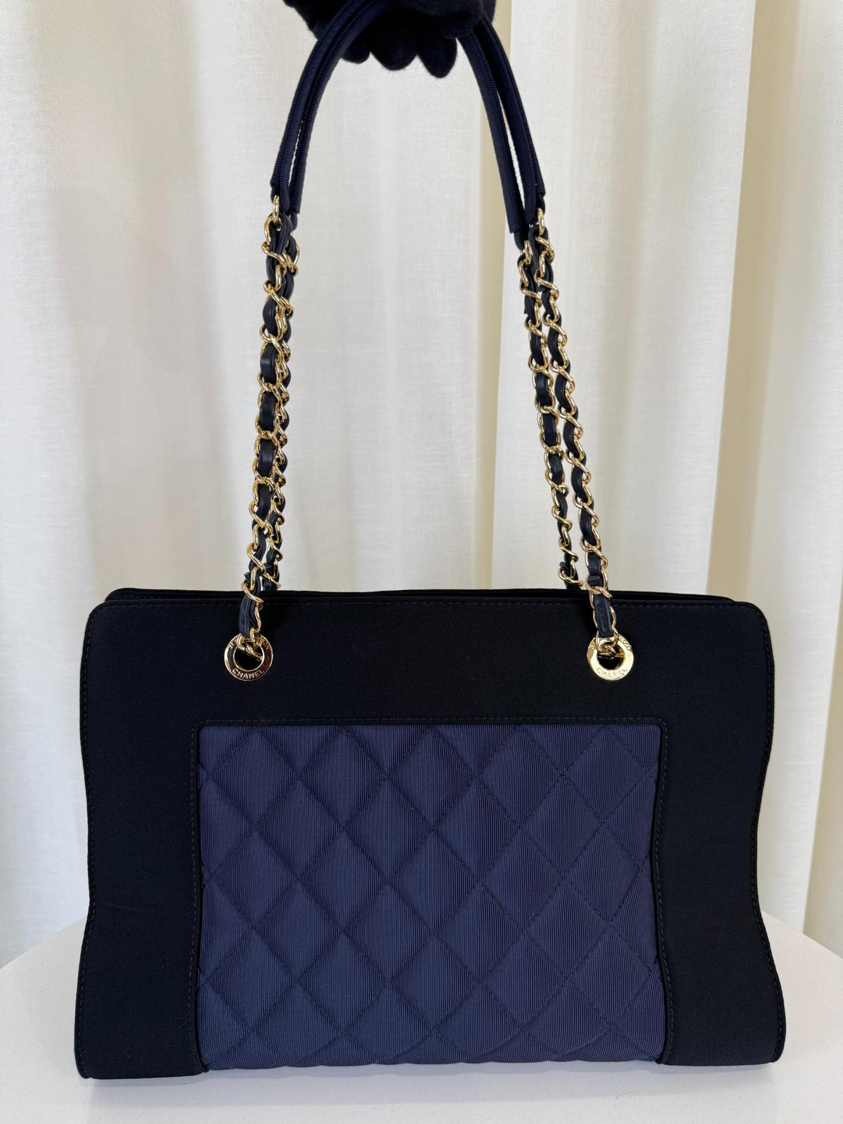 Chanel Canvas/Satin Quilted Leather Mademoiselle Vintage Shopping Tote Bag