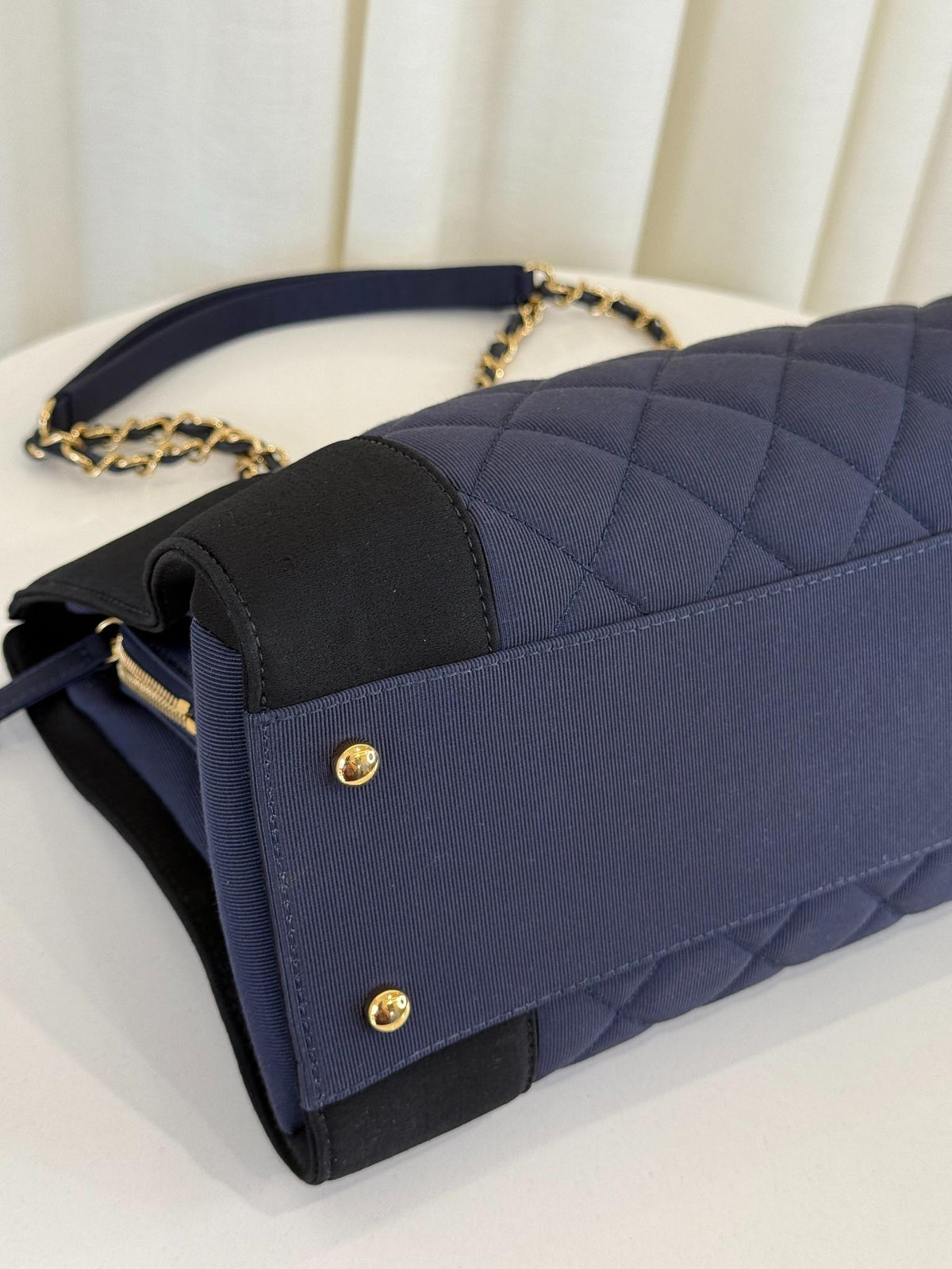 Chanel Canvas/Satin Quilted Leather Mademoiselle Vintage Shopping Tote Bag