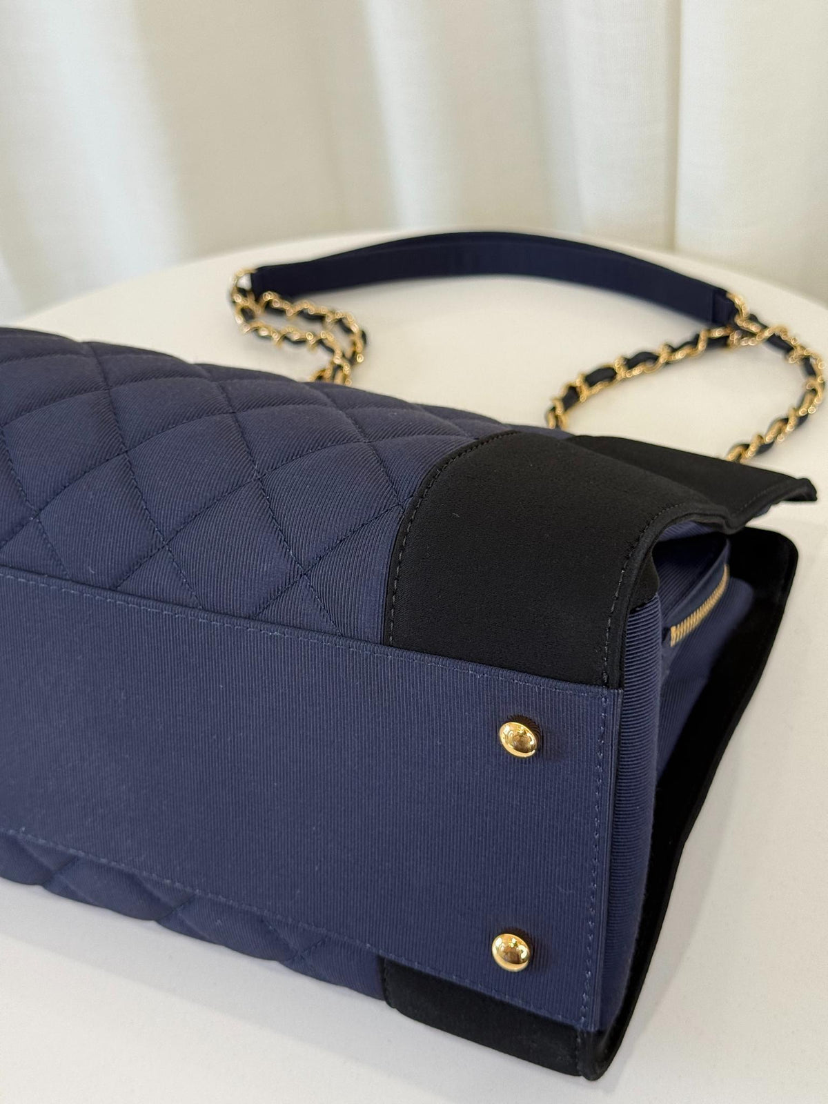 Chanel Canvas/Satin Quilted Leather Mademoiselle Vintage Shopping Tote Bag