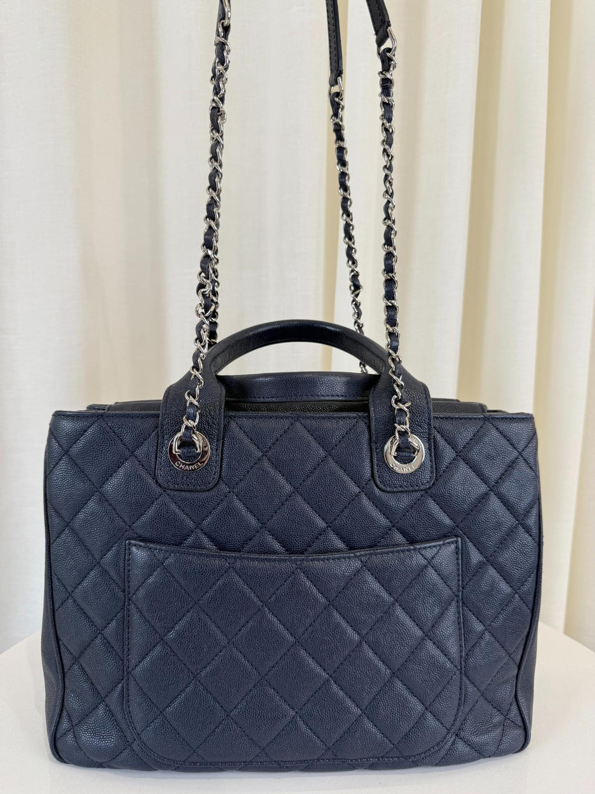Chanel Urban Companion Navy Blue Quilted Caviar Leather Tote Bag