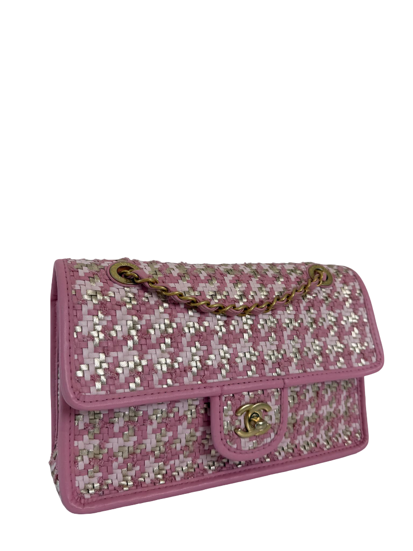 Chanel Pink Viscose Lambskin Gold Woven Flap Bag