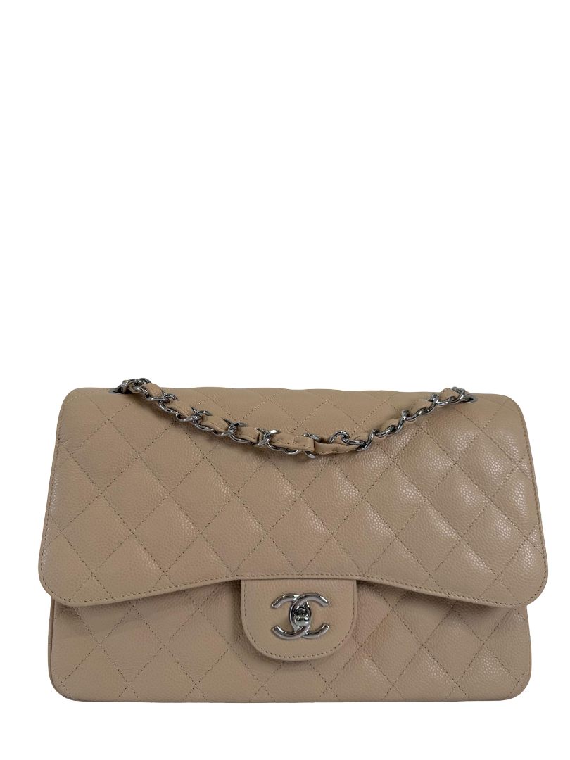 Chanel Classic Jumbo Double Flap Beige Quilted Caviar Leather