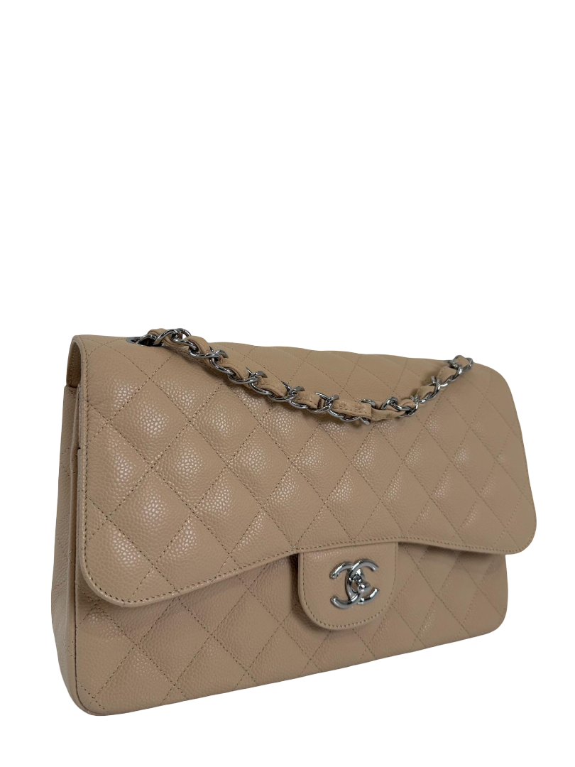 Chanel Classic Jumbo Double Flap Beige Quilted Caviar Leather