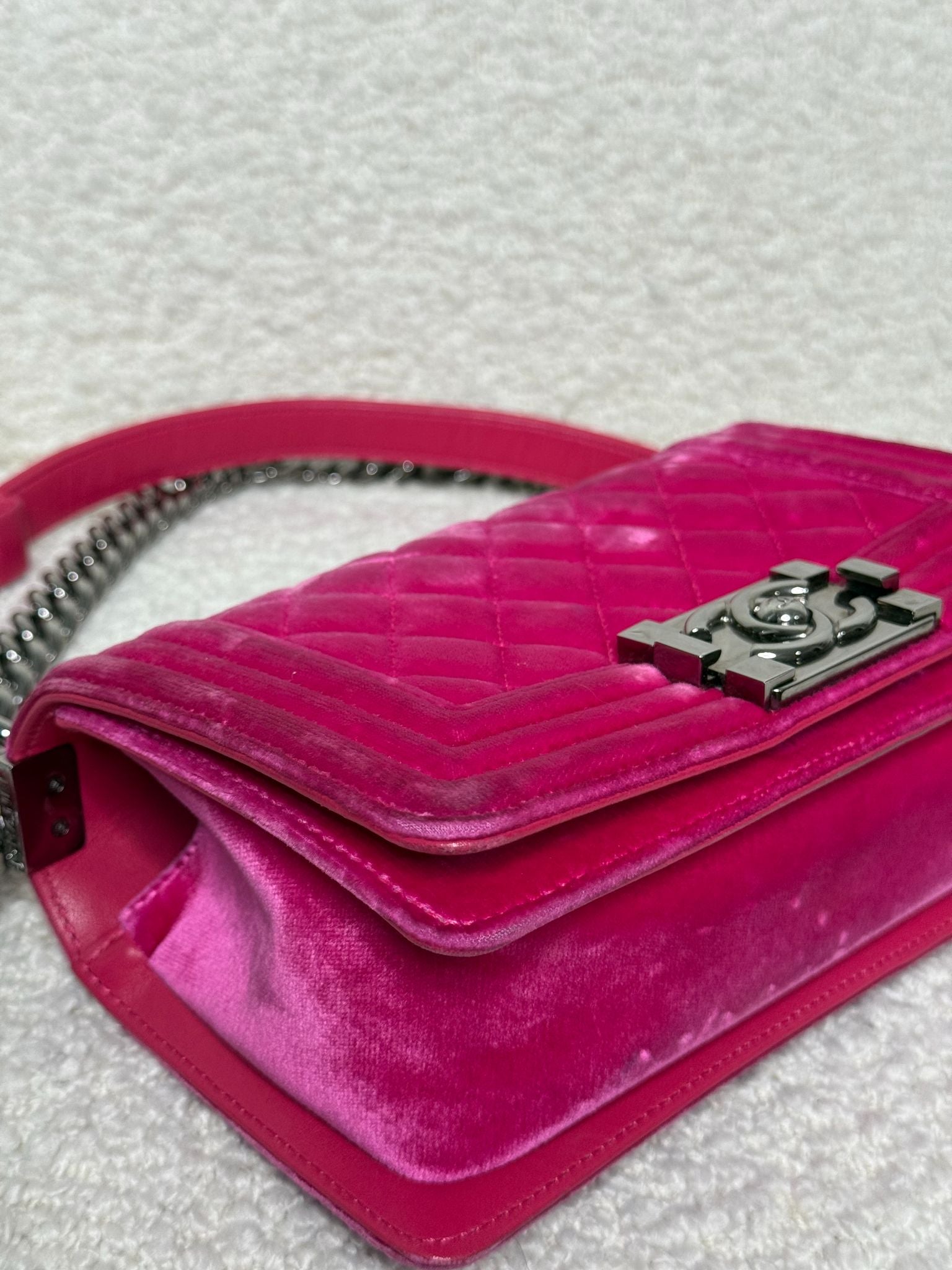 Chanel Fuchsia Quilted Velvet Small Boy Flap Bag