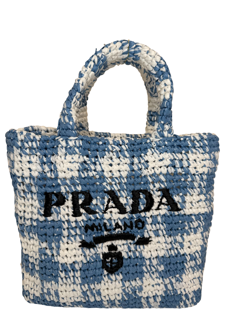 Prada White/Blue Small Raffia Crochet Basket Tote