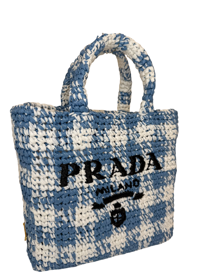 Prada White/Blue Small Raffia Crochet Basket Tote