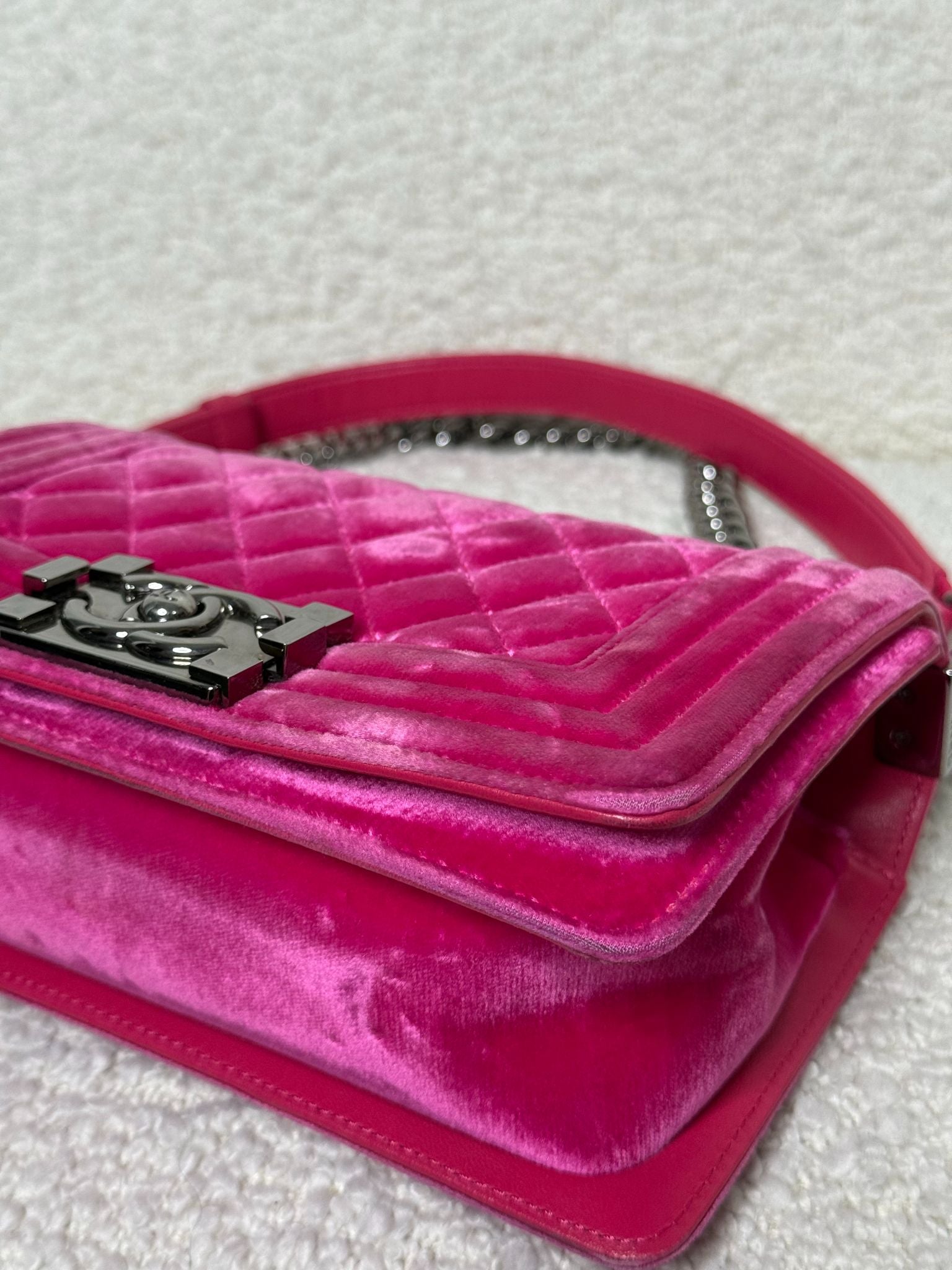 Chanel Fuchsia Quilted Velvet Small Boy Flap Bag