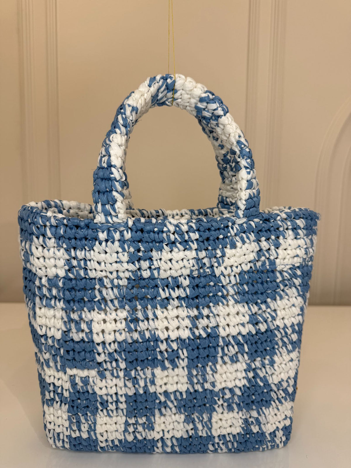 Prada White/Blue Small Raffia Crochet Basket Tote