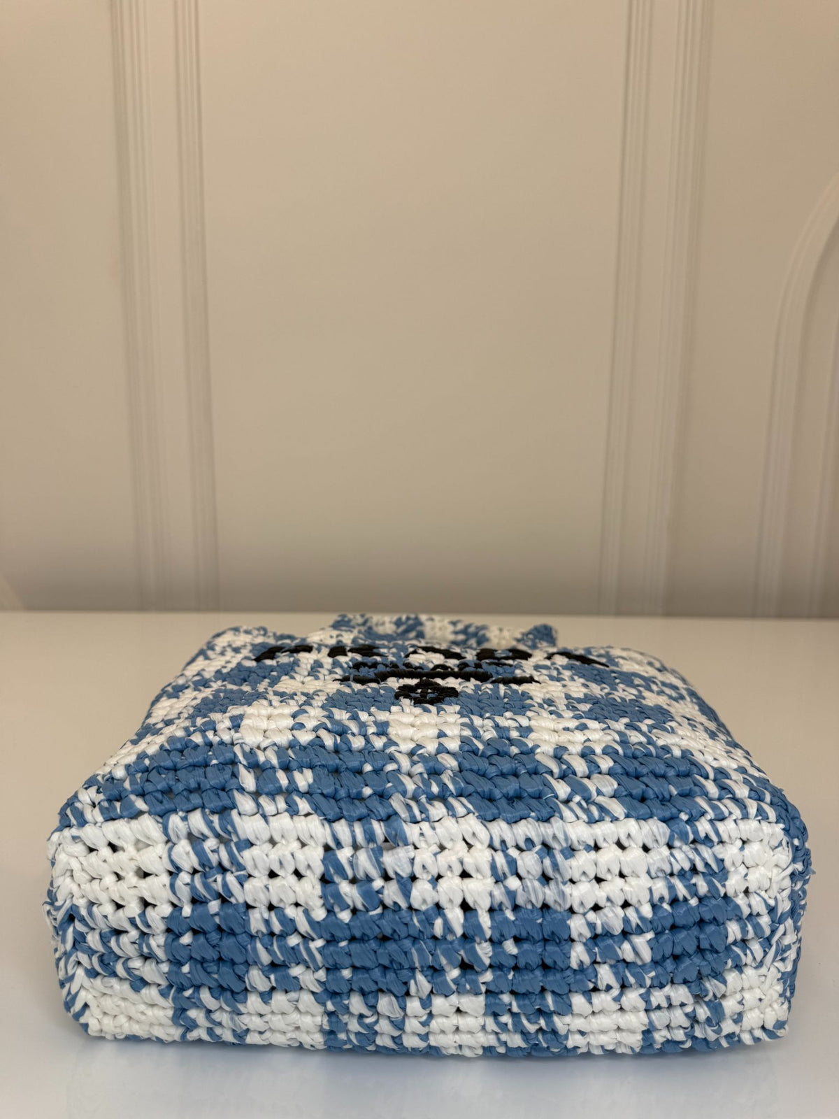 Prada White/Blue Small Raffia Crochet Basket Tote