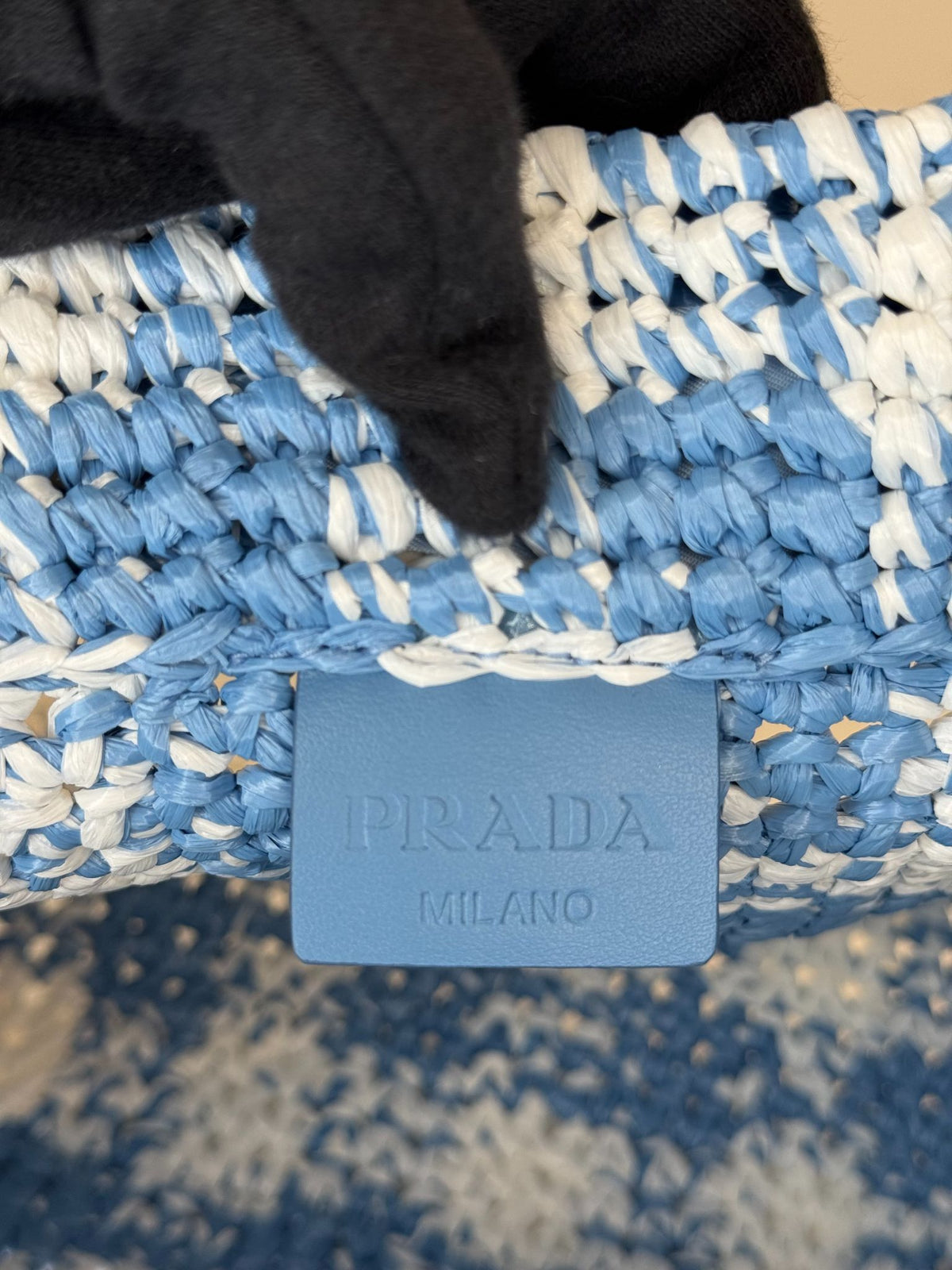 Prada White/Blue Small Raffia Crochet Basket Tote