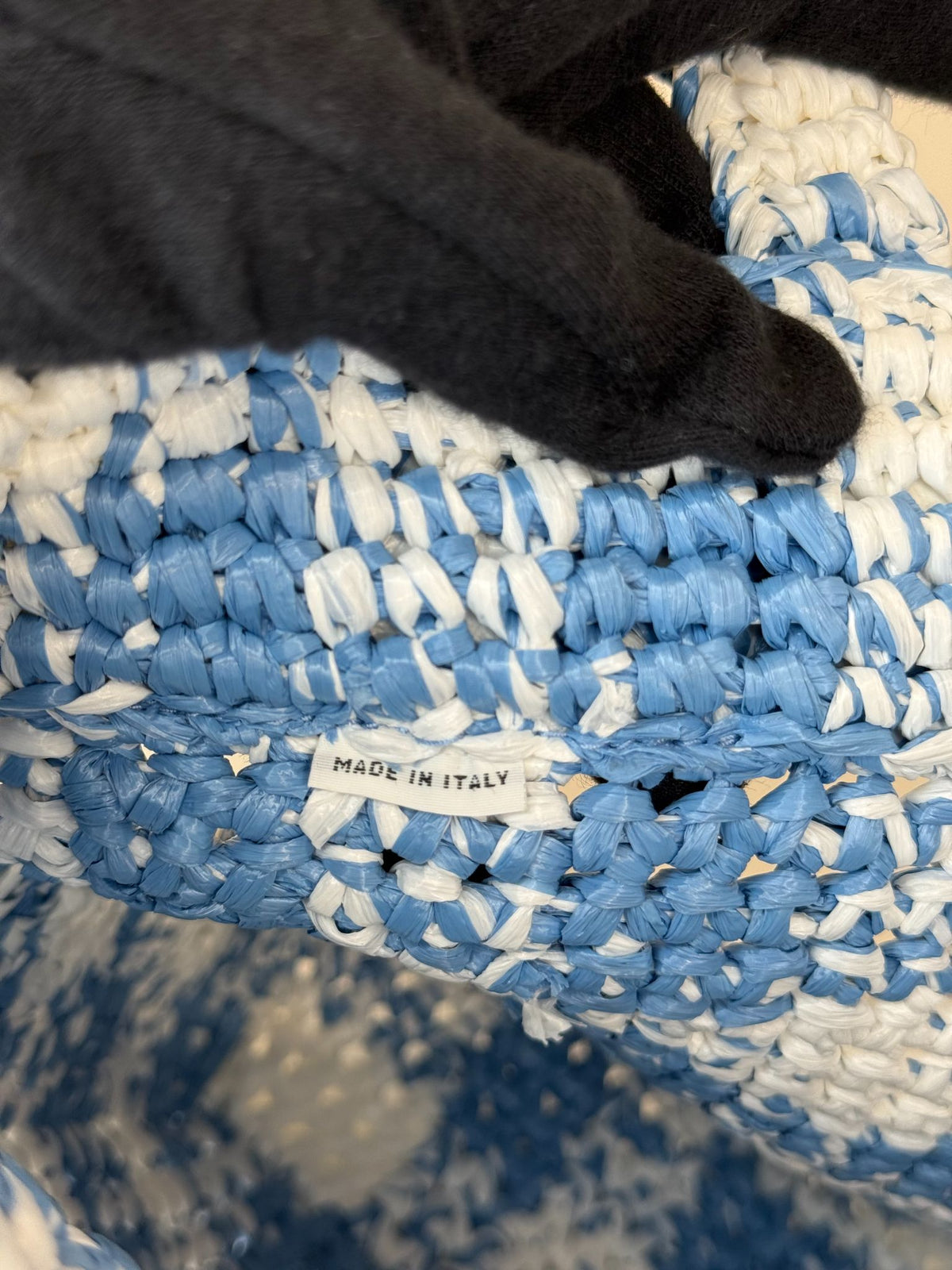 Prada White/Blue Small Raffia Crochet Basket Tote