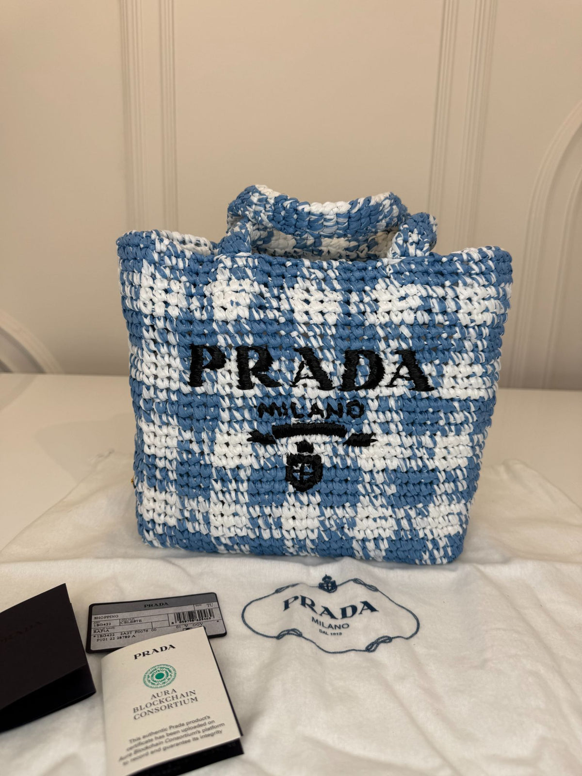 Prada White/Blue Small Raffia Crochet Basket Tote