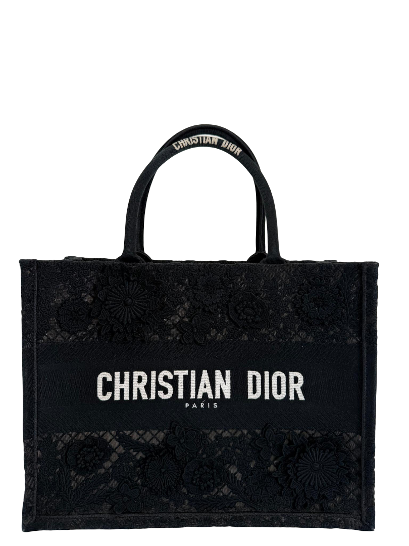 Christian Dior Embroidered 3D Macrame D-Lace Butterfly Medium Book Tote Black