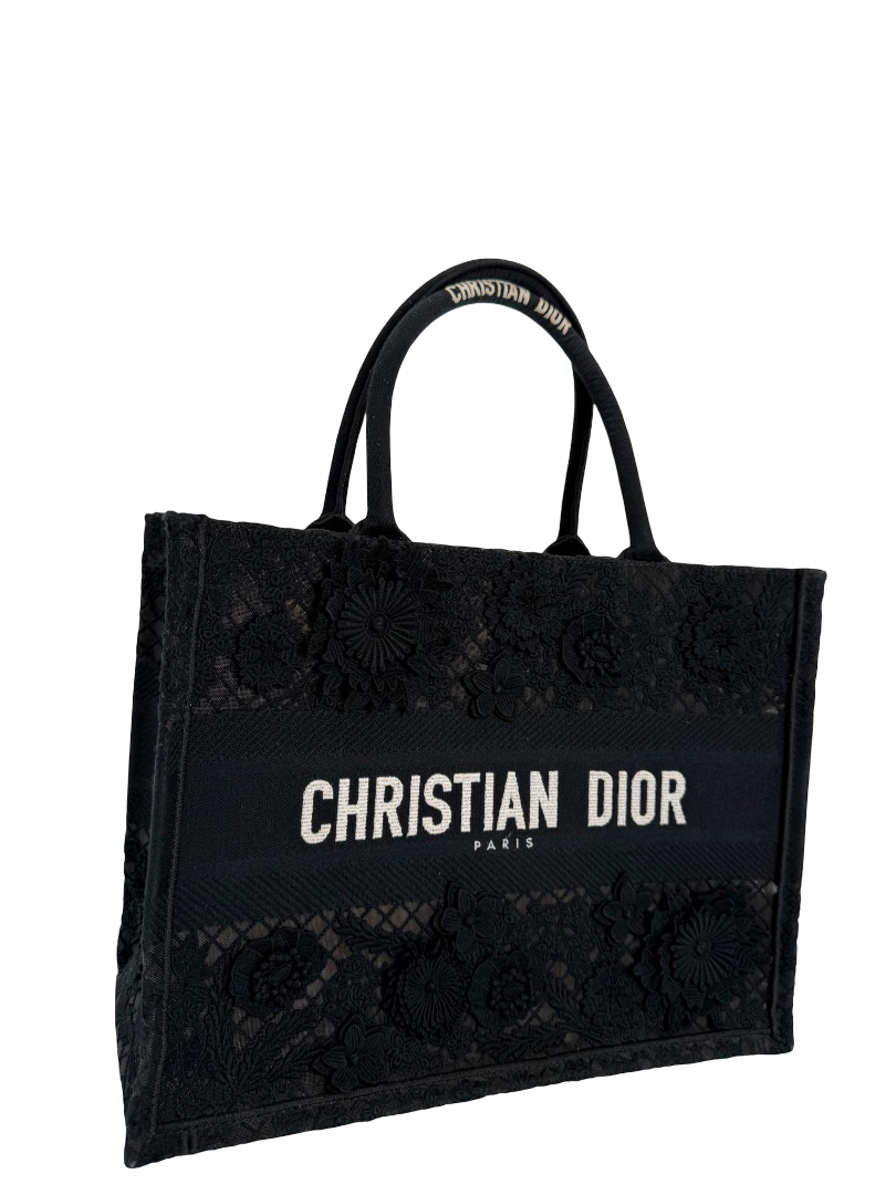 Christian Dior Embroidered 3D Macrame D-Lace Butterfly Medium Book Tote Black