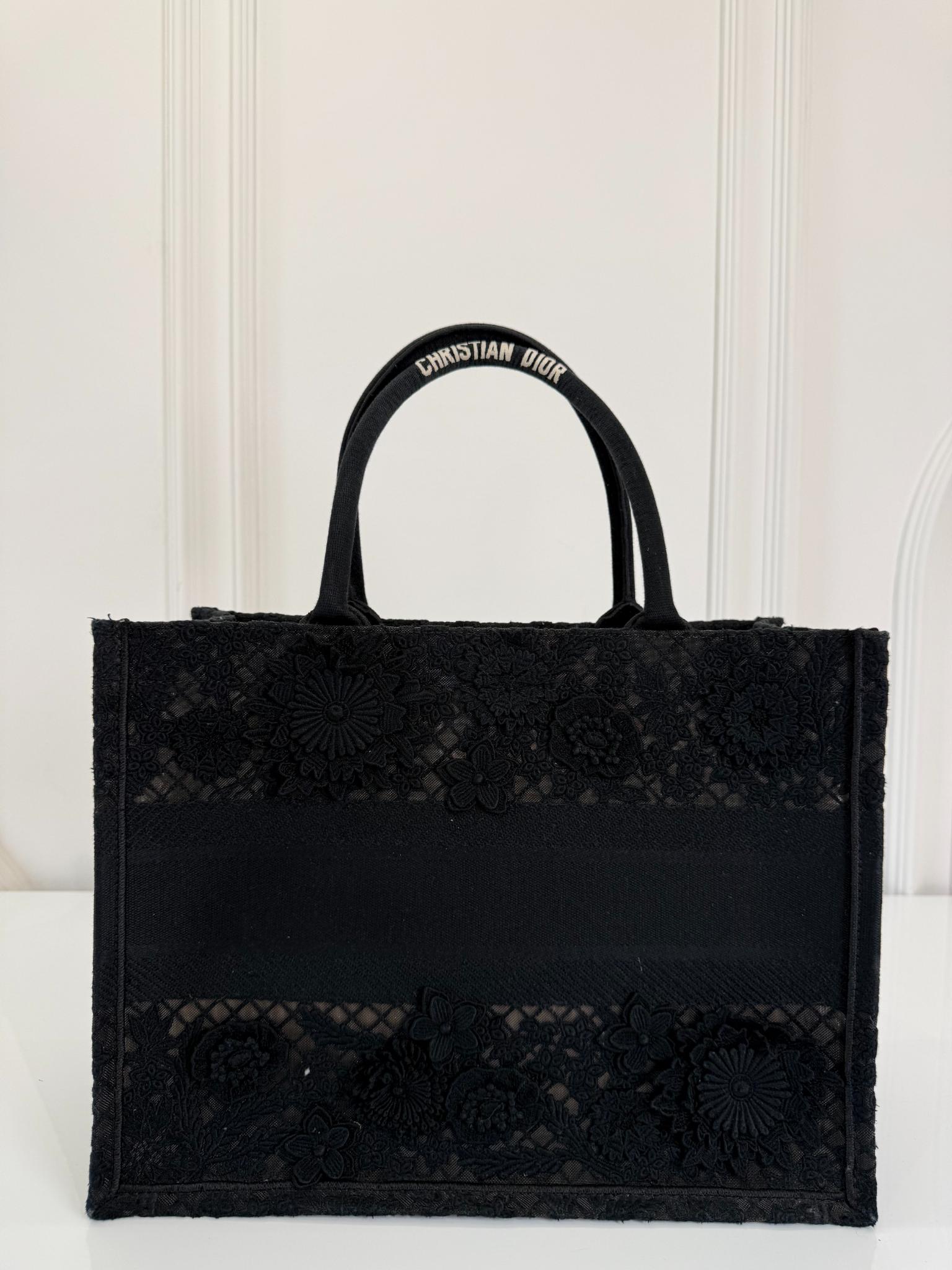 Christian Dior Embroidered 3D Macrame D-Lace Butterfly Medium Book Tote Black