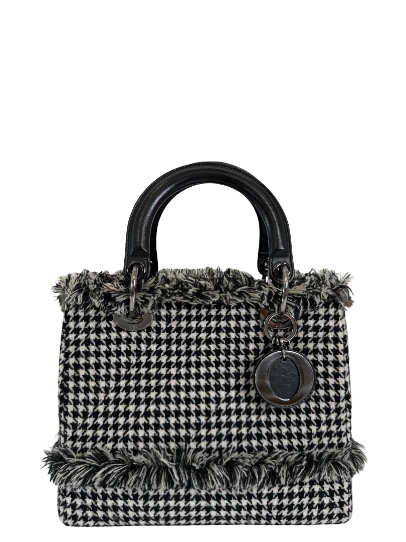 Christian Dior Medium Lady Dior Black/White Houndstooth Tweed Handbag