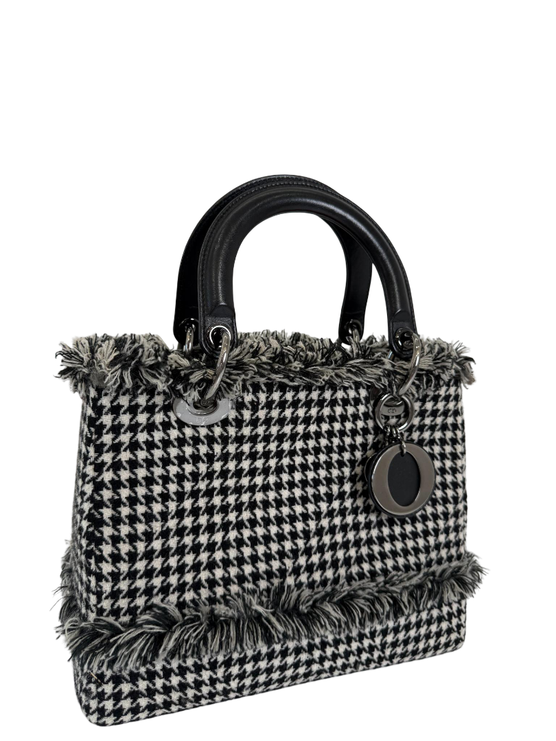 Christian Dior Medium Lady Dior Black/White Houndstooth Tweed Handbag