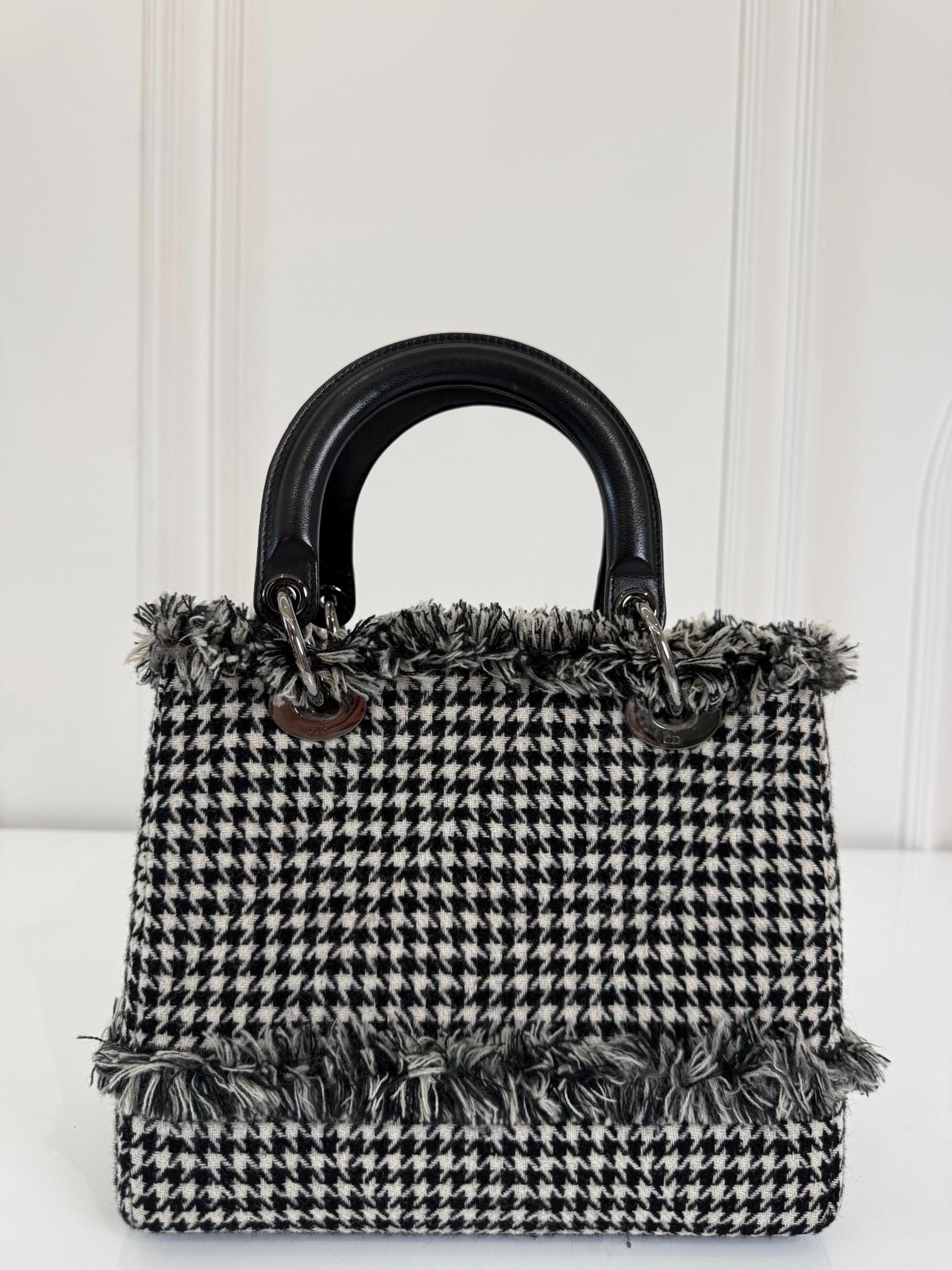 Christian Dior Medium Lady Dior Black/White Houndstooth Tweed Handbag