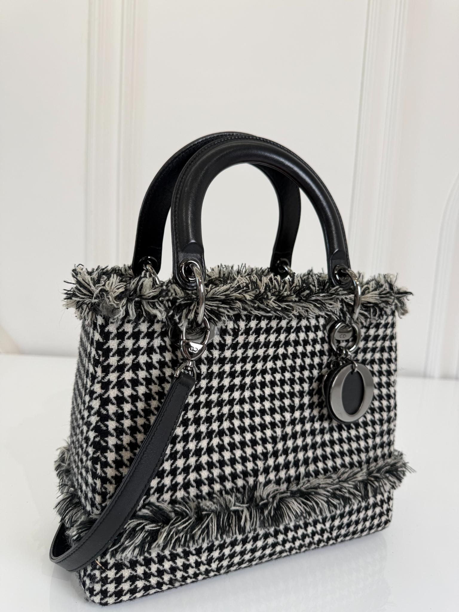 Christian Dior Medium Lady Dior Black/White Houndstooth Tweed Handbag