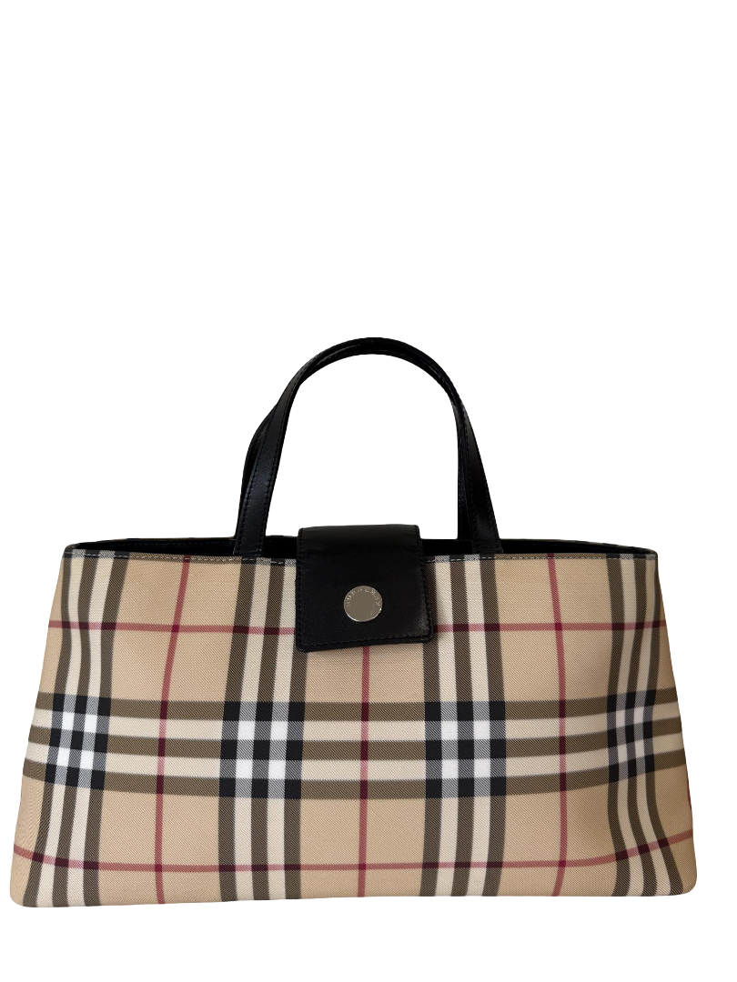 Burberry House Check PVC and Black Leather Top Handle Bag