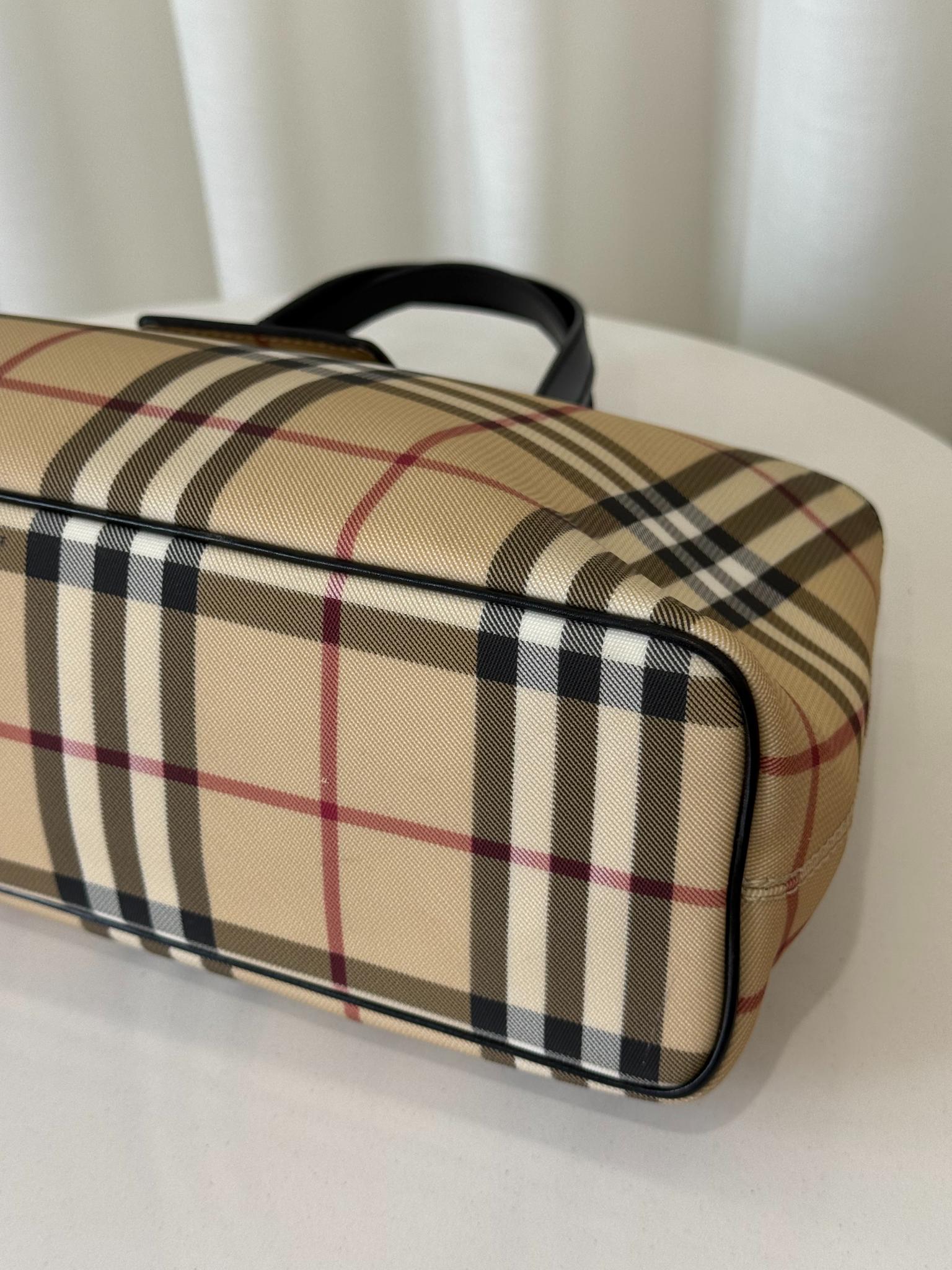 Burberry House Check PVC and Black Leather Top Handle Bag