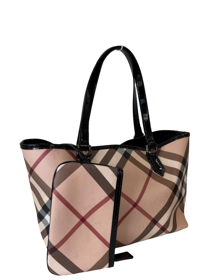 Burberry Beige/Black  Patent Leather Burberry Nickie Tote With Pouch