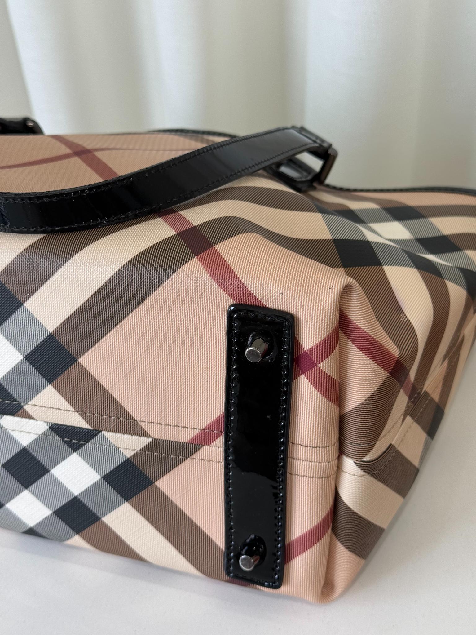 Burberry Beige/Black  Patent Leather Burberry Nickie Tote With Pouch