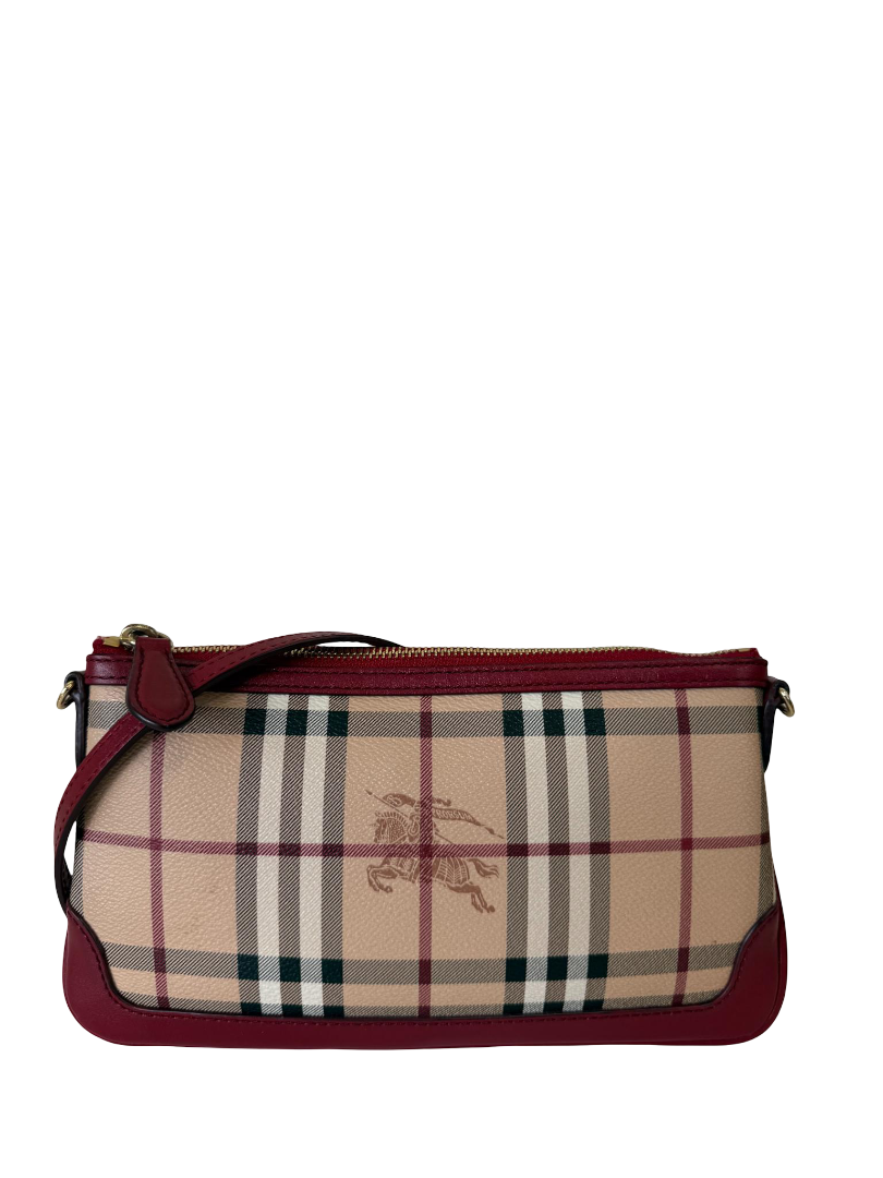 Burberry Red/Beige Haymarket Check Coated Canvas Peyton Crossbody Bag