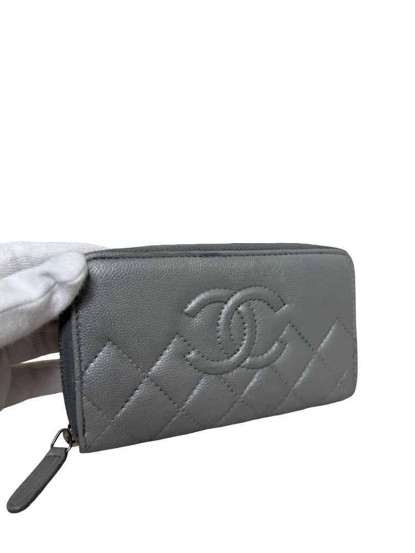 Chanel Grey Metallic Quilted Zip Around Wallet