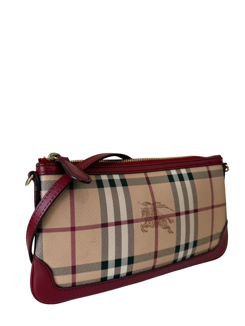 Burberry Red/Beige Haymarket Check Coated Canvas Peyton Crossbody Bag