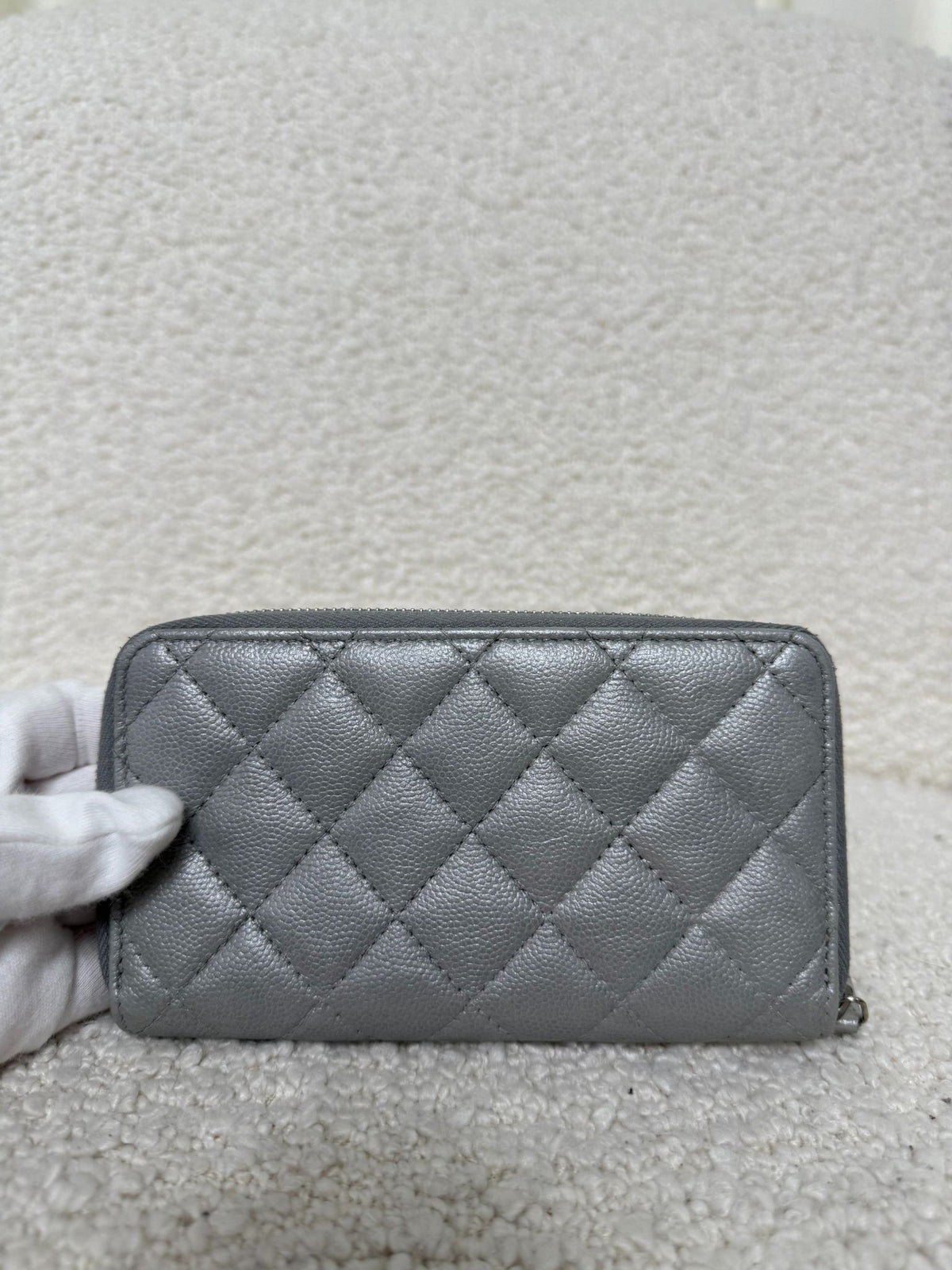 Chanel Grey Metallic Quilted Zip Around Wallet