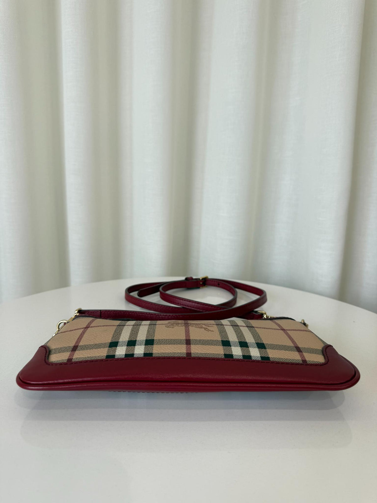Burberry Red/Beige Haymarket Check Coated Canvas Peyton Crossbody Bag
