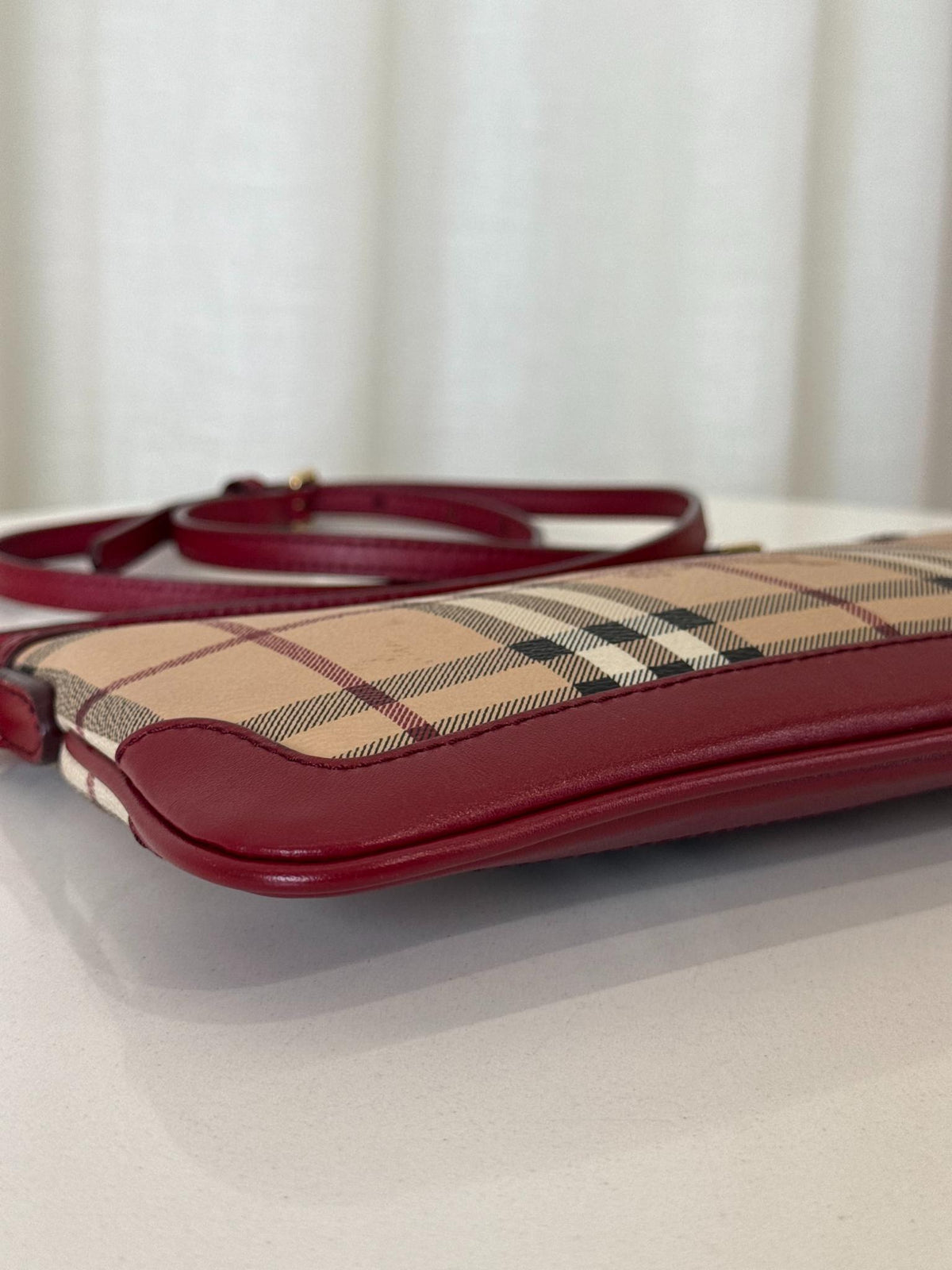 Burberry Red/Beige Haymarket Check Coated Canvas Peyton Crossbody Bag