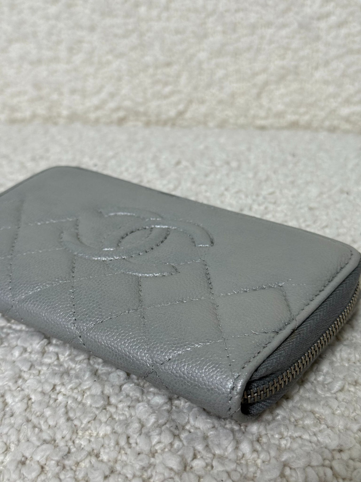 Chanel Grey Metallic Quilted Zip Around Wallet