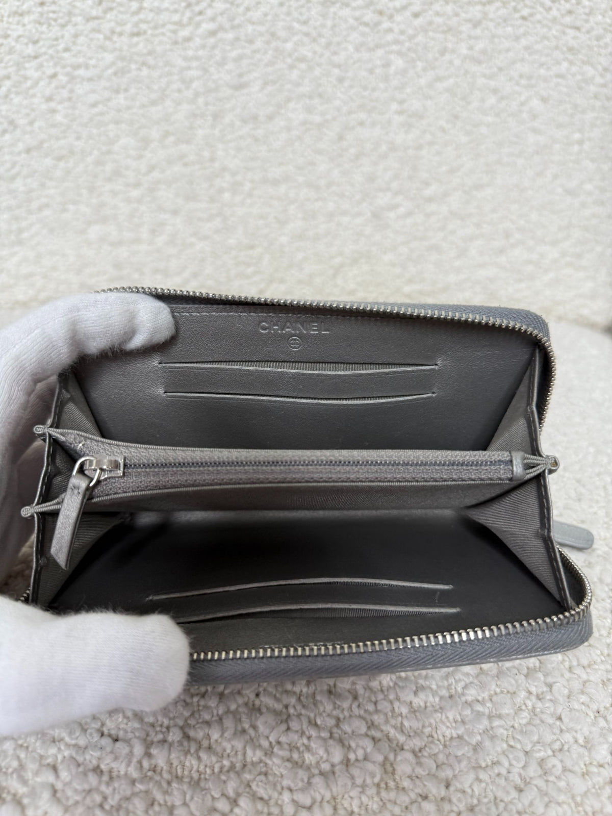 Chanel Grey Metallic Quilted Zip Around Wallet