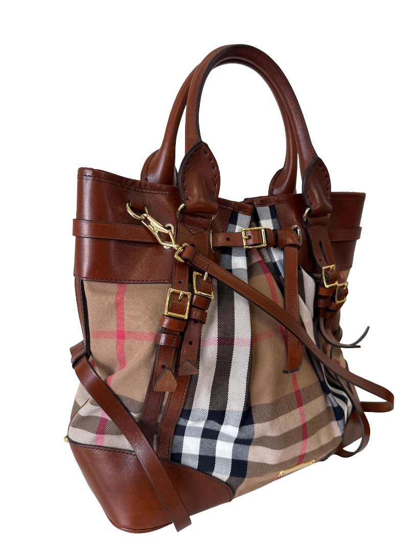 Burberry Brown House Check Bridle Calfskin Medium Lynher Tote