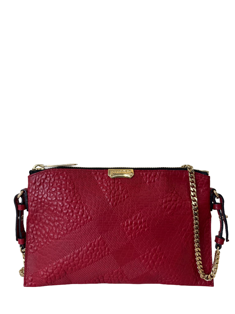 Burberry Red Grained Check Embossed Leather Peyton Crossbody Bag