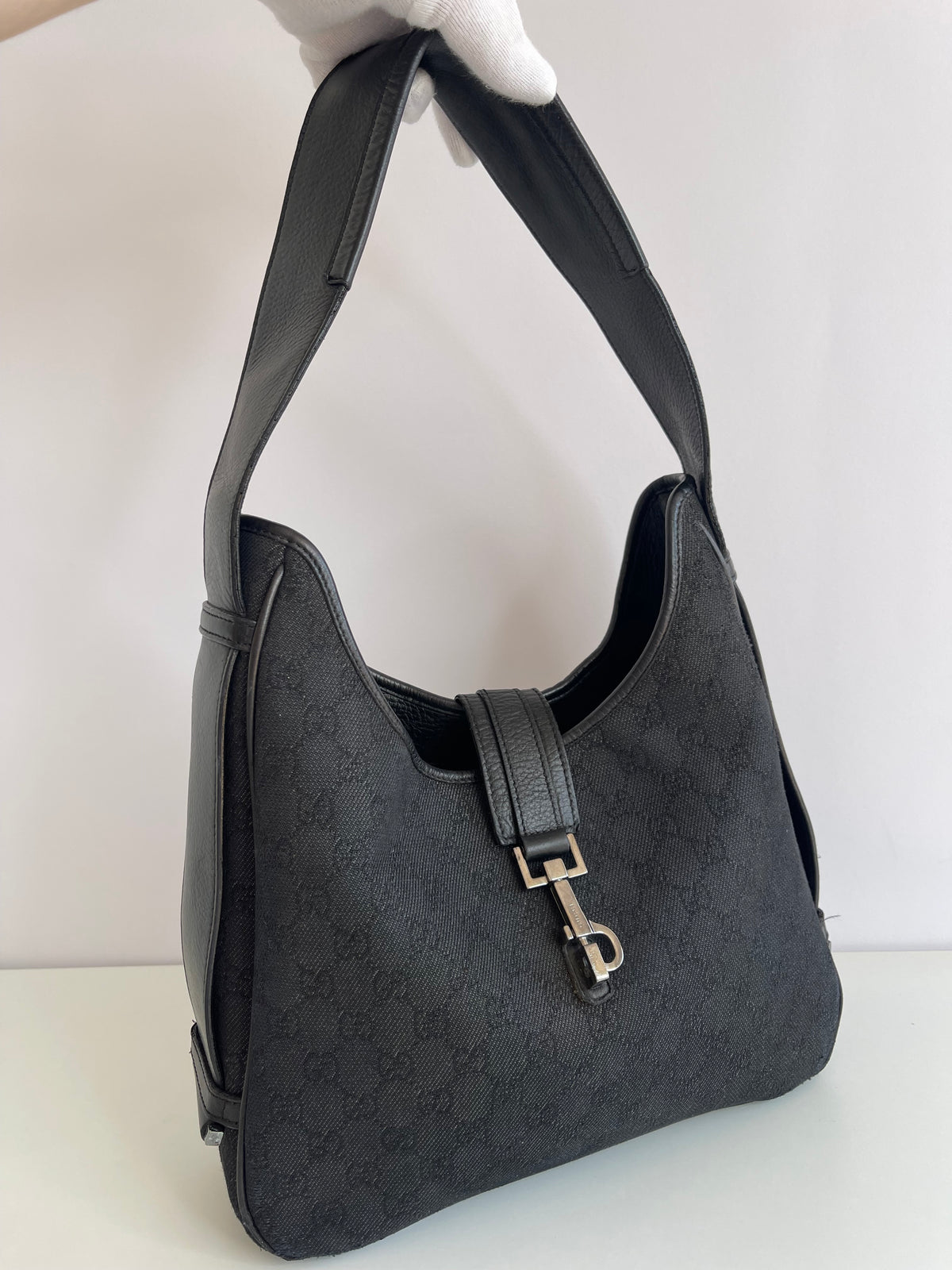 Gucci Jackie Vintage Black GG Canvas Shoulder Bag