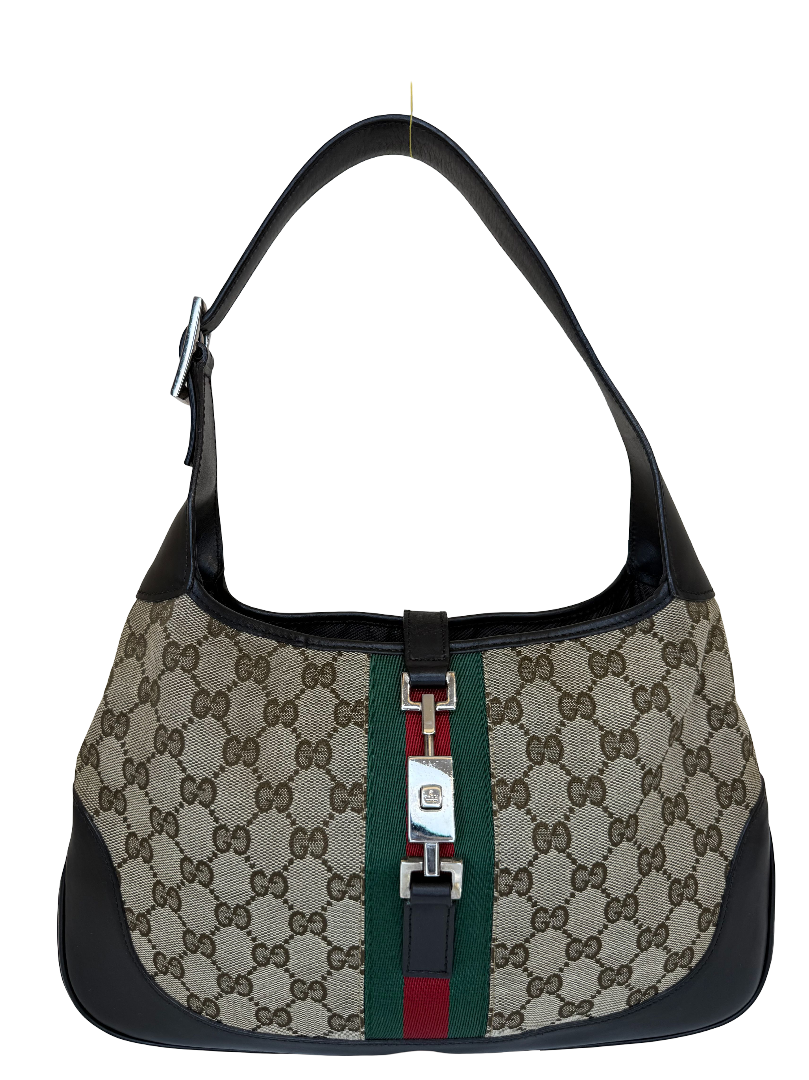 Gucci Vintage Medium Jackie GG Canvas Brown Leather Hobo Bag