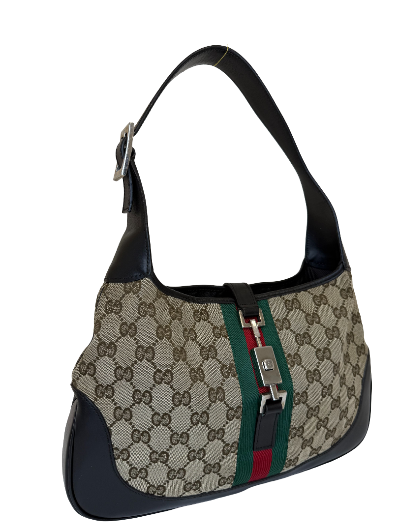 Gucci Vintage Medium Jackie GG Canvas Brown Leather Hobo Bag